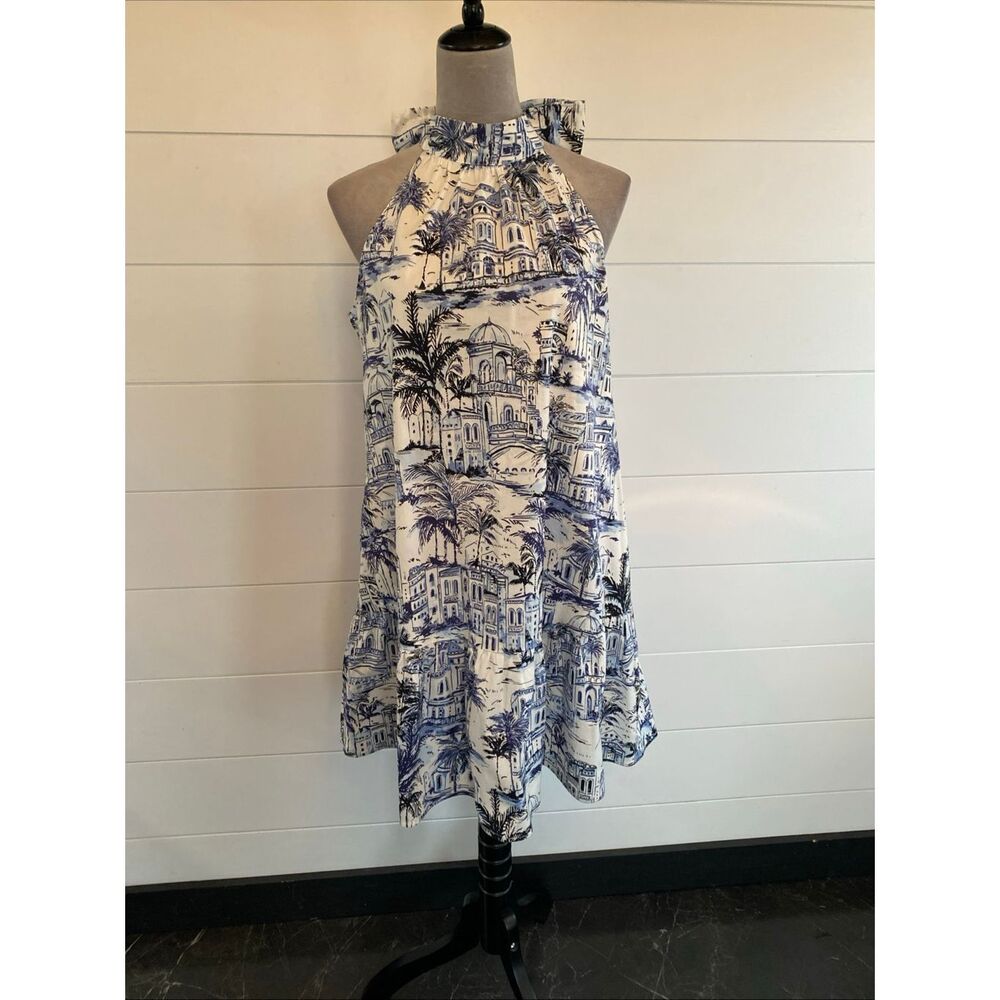 Calypso St Barth Blue White Tropical City Toile Halter Mini Dress Sz S NWT/0270